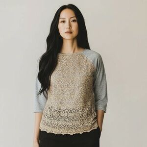 Anthropologie Dolan T Shirt Beige Gray Lace Tunic Crochet Size Medium 3/4 Sleeve